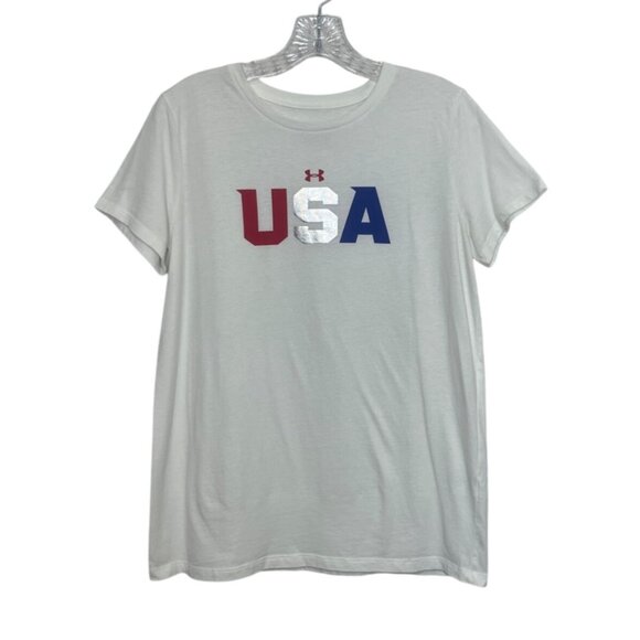 Under Armour USA Graphic Tshirt Womens Medium White Blue Red Patriotic - Picture 1 of 8